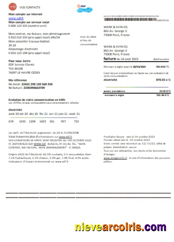 EDF France proof of address utility business bill